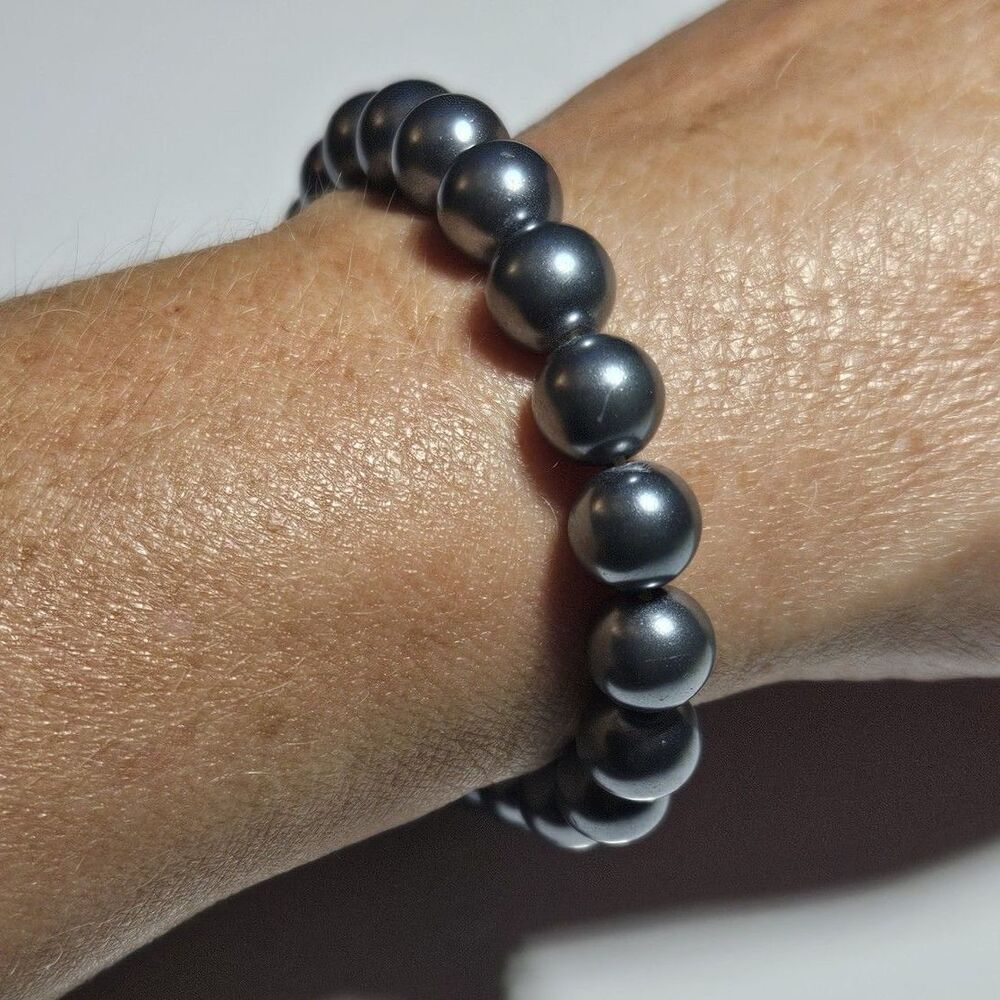 Gray Silver Faux Pearl Beaded Stretch Bracelet Up To 7.5"